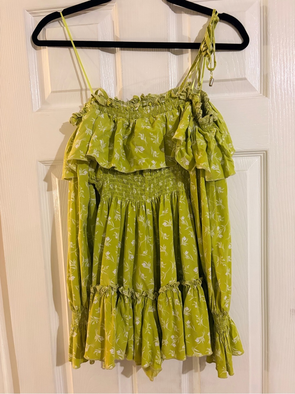 Off the shoulder long sleeve  Lime Green Floral Ruffle Romper